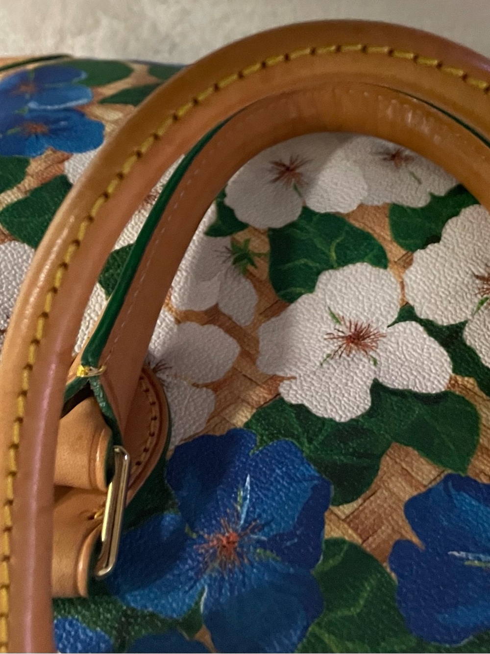 Dooney & Bourke satchel blue & white Pansies with a basket weave background. - Picture 6 of 15